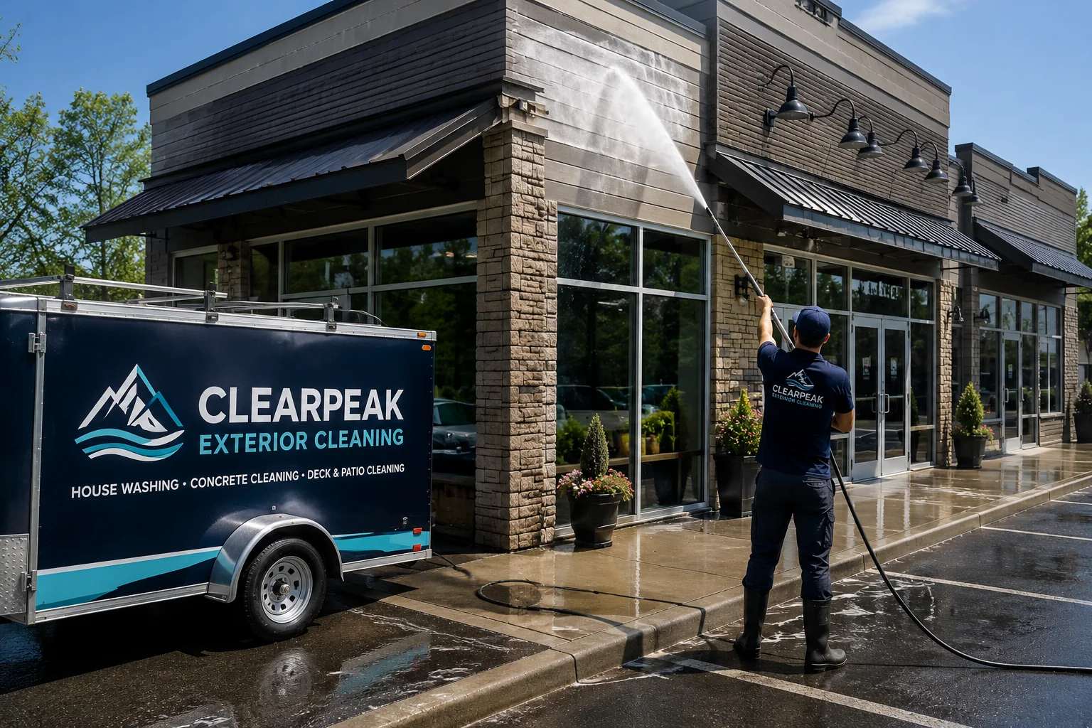 Professional commercial exterior cleaning at a storefront