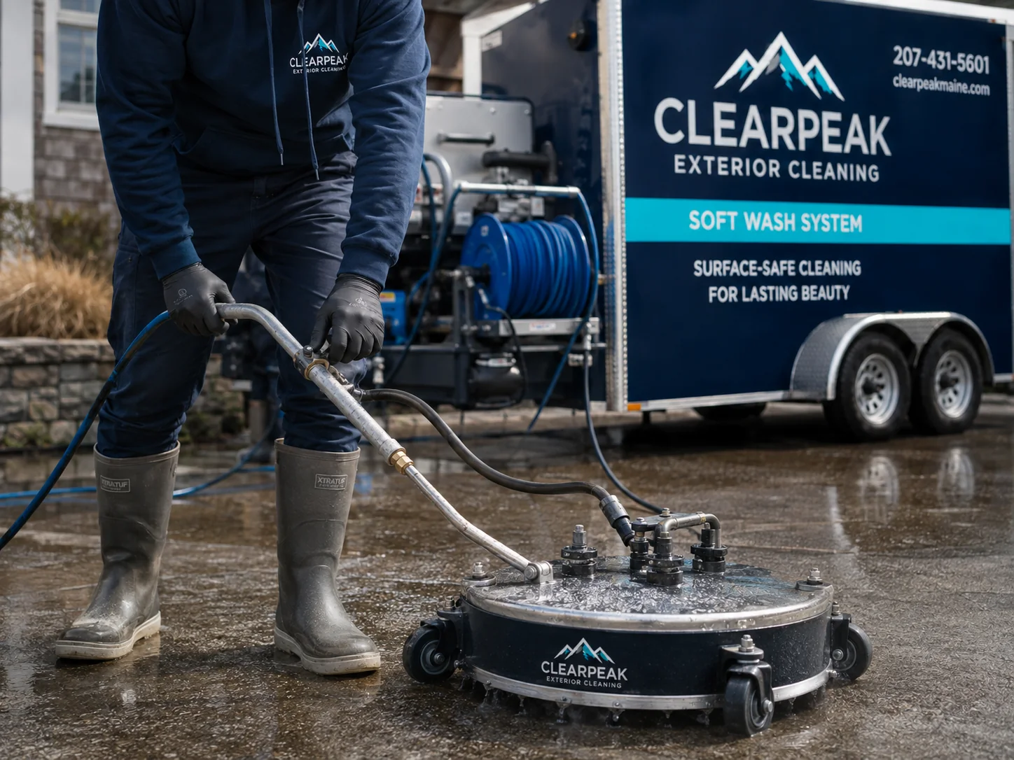 Professional exterior surface-cleaning equipment in use