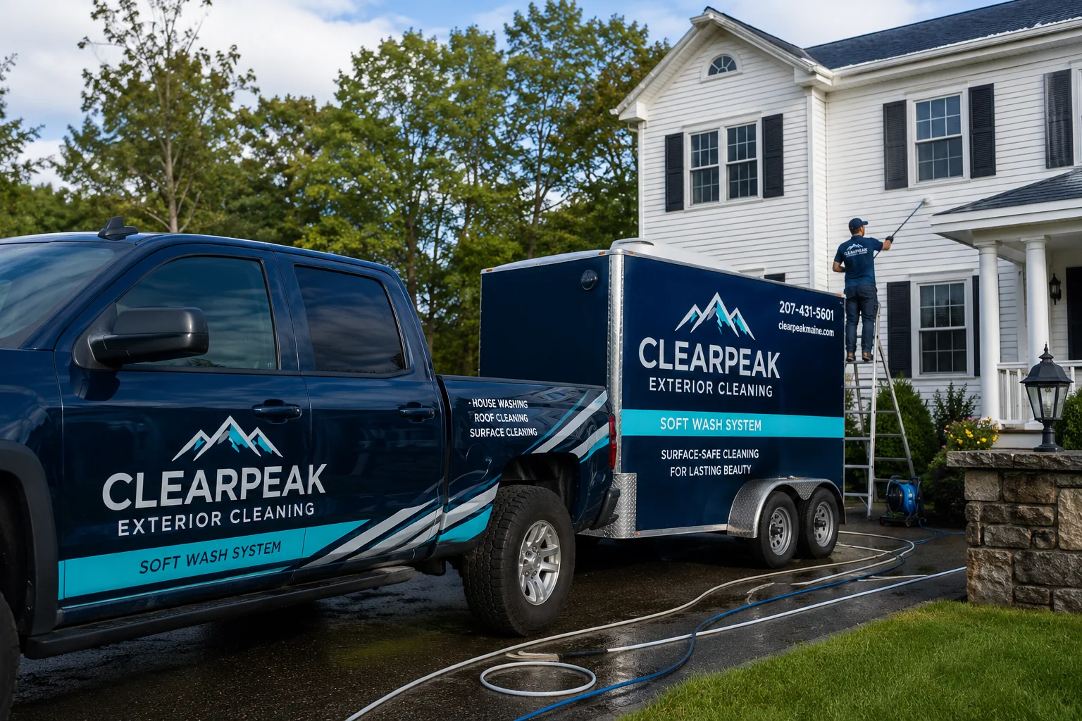 Branded Southern Shine truck and trailer at a residential exterior cleaning jobsite
