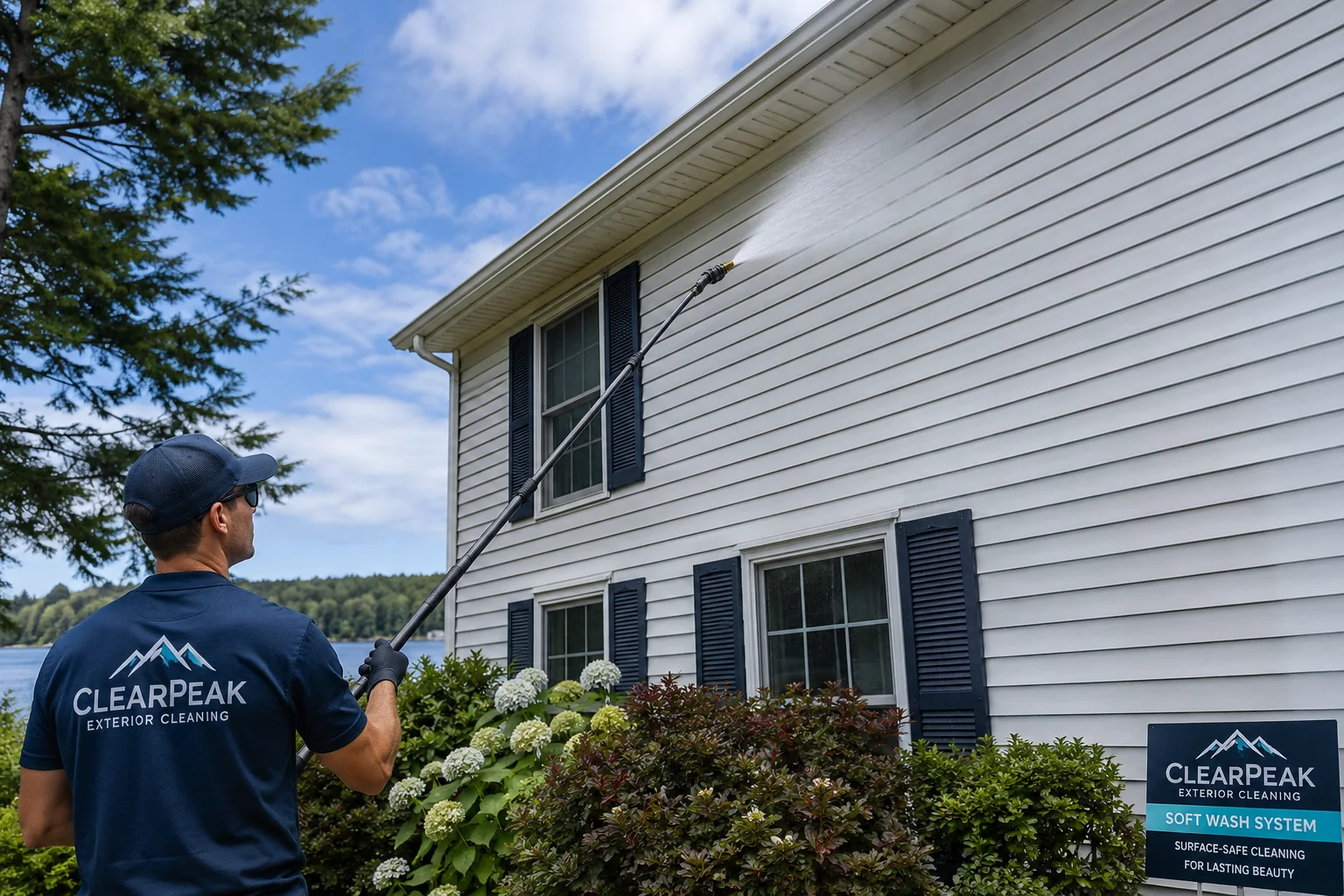 Professional soft-wash house cleaning at a residential home