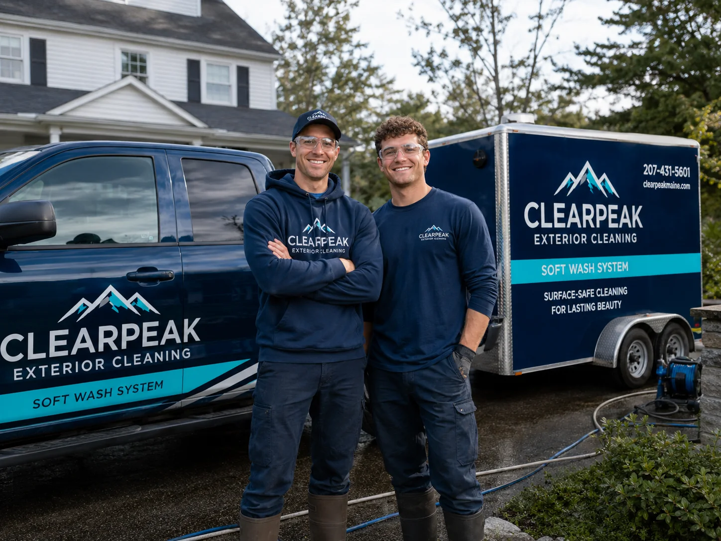 Exterior cleaning contractor team beside a branded work vehicle