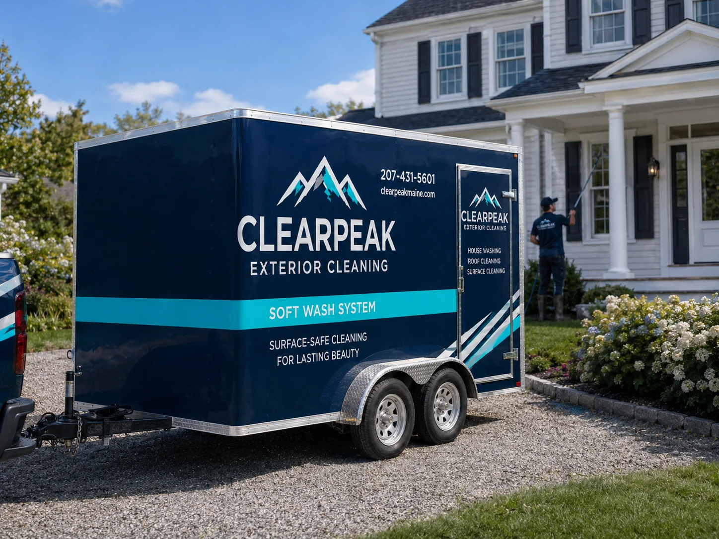 Branded Southern Shine exterior cleaning trailer beside a residential home